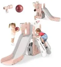 7 in 1 Toddler Slide, L-Shaped Kids Slide for Toddlers Age 1+ with Basketball...