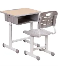 Student Desk and Chair Combo, Height Adjustable Children's Desk and Chair Workstation with Drawer, Pencil Grooves and Hanging Hooks for Home, School and Training (Light Grey&White Oak)