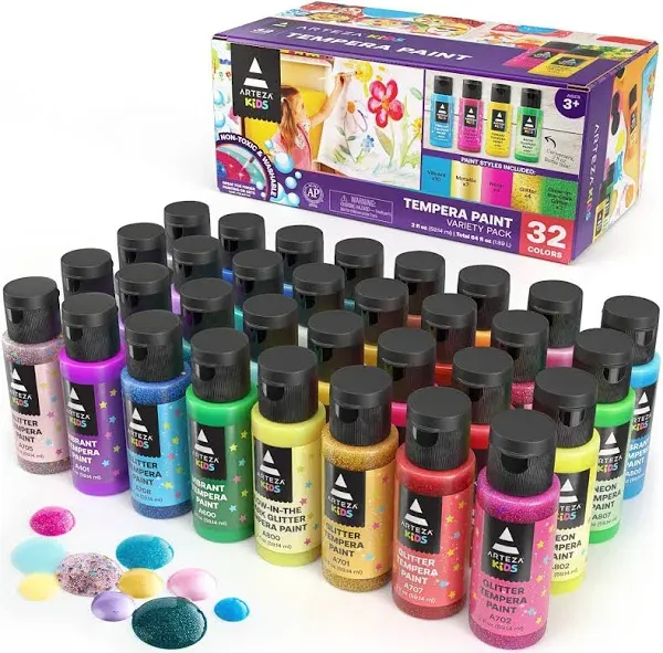 Arteza Kids Crafts Tempera Paint, Assorted Colors, 60ml Bottles, Washable - 32 Pack