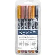 Realeather F2400-01 Leather Dye Pens, Double Sided with Fine and Brush Tips, Earth Tone Colors, 6-Pack