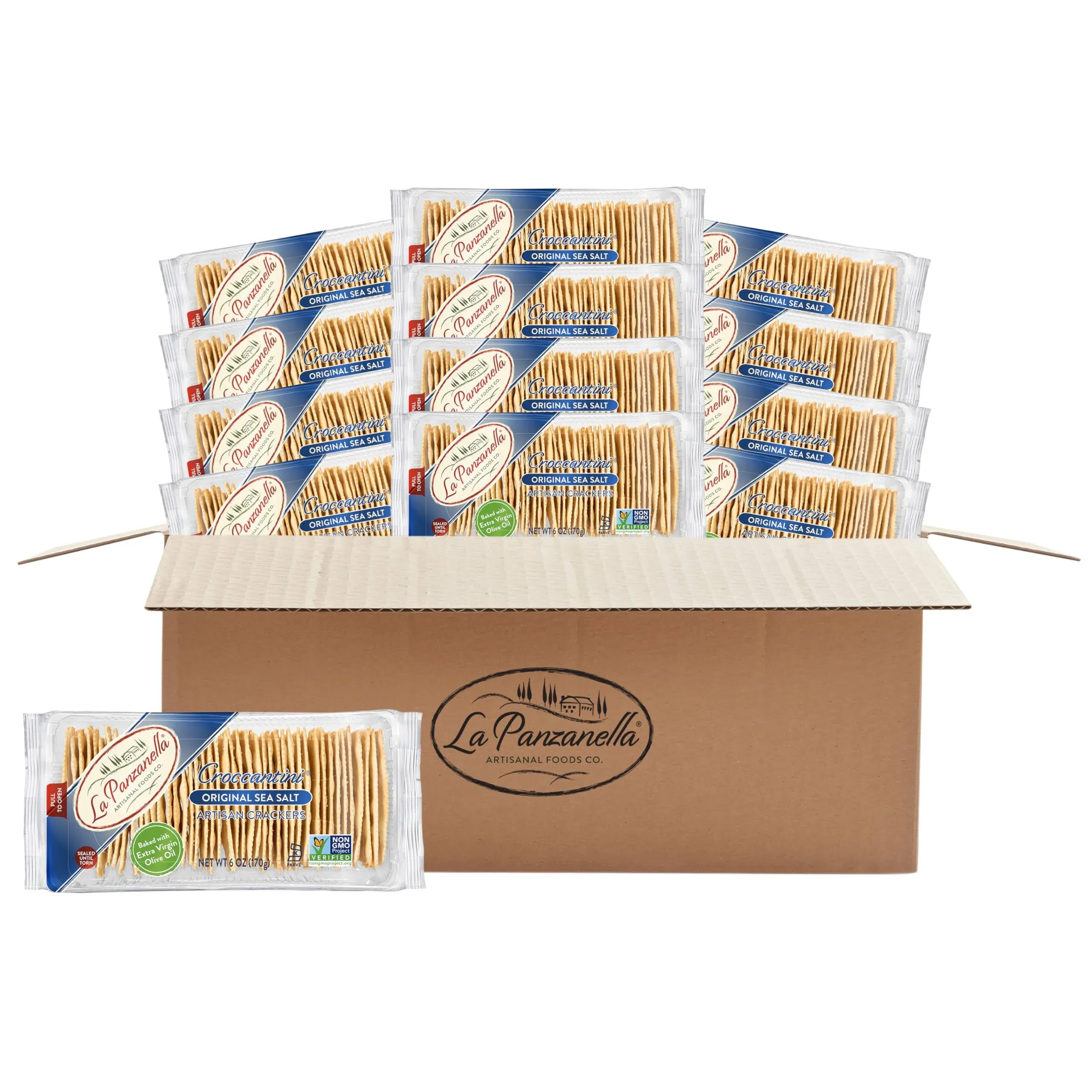 La Panzanella Croccantini, Original Sea Salt Crackers (Pack of 12) - Light Artisanal Crackers, Charcuterie Crackers, Non-GMO, Kosher, 12 x 6 oz