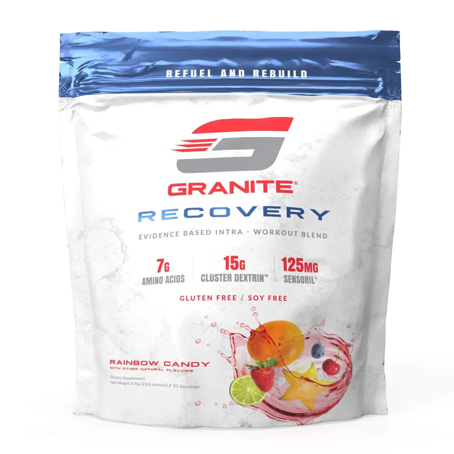 Granite Recovery for Intra & Post Workout |10g Aminos, Electrolytes, Cluster Dextrin for Muscle Recovery & Growth | Amino Acids Supplement with Sensoril | 20 Servings | Rainbow Candy