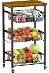 CHLORYARD 4-Tier Vegetable Fruit Basket Kitchen Storage Rolling Cart On Wheels with Pull-Out Baskets and Wood Top for Kitchen Diningroom Pantry