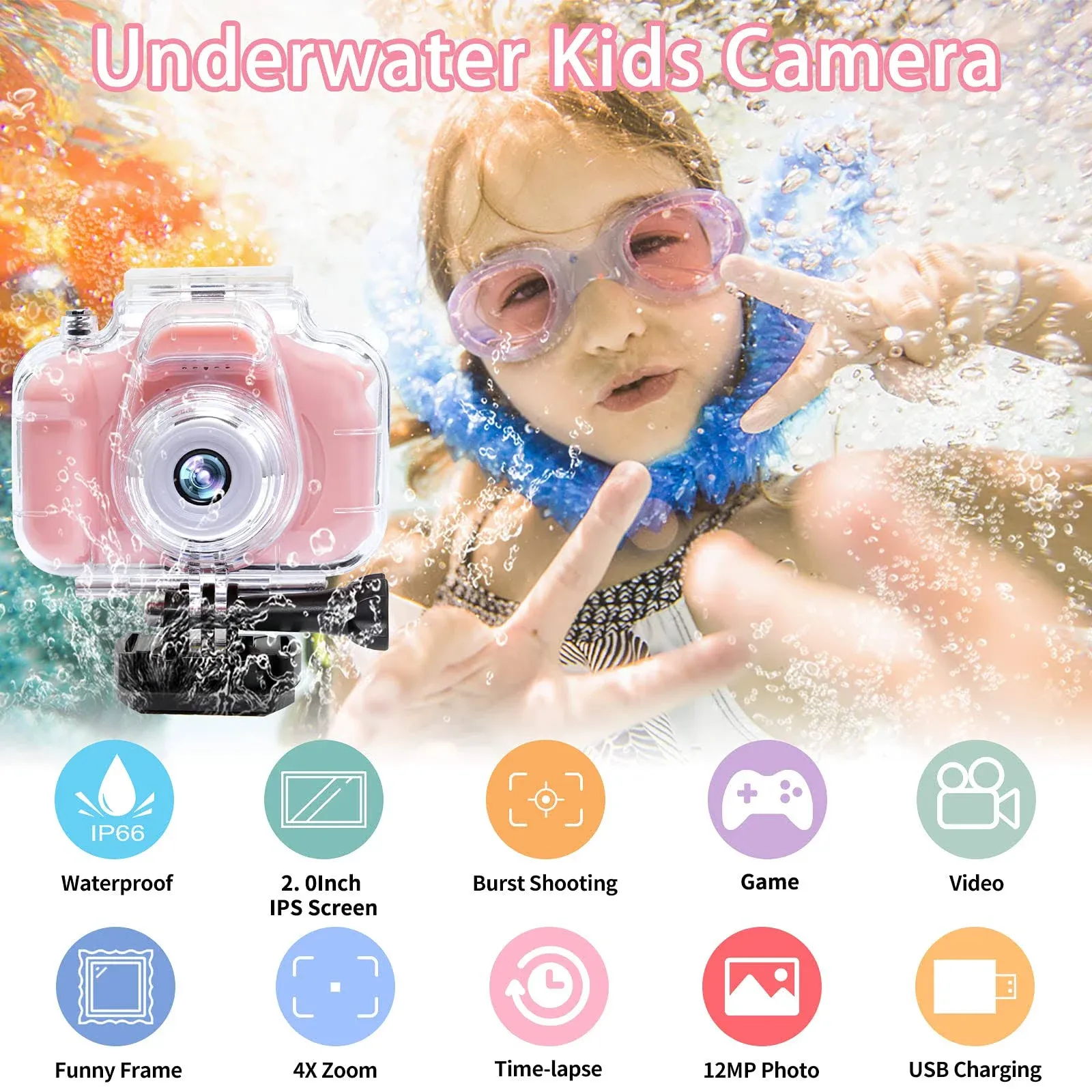 Kids Camera Underwater Waterproof Digital Camera for Kids 2 Inch IPS Screen 1...