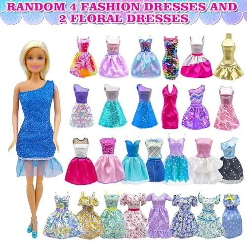 50 Pack Doll Clothes and Accessories, 4 Wedding Gowns 2 Evening Dresses 6 Fashion Dresses 6 Set Casual Outfits Top and Pant 2 Swimsuit Bikini, 20 Hanger 10 Shoe Toys for Girl Birthday Gift