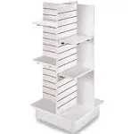 SSWBasics Durable White Slatwall Tower for Retail: Premium Slatwall Display Panels | Versatile Slatwall Gondola Solution 4-Panel White Slatwall Tower with Casters and Shelves (23"L x 23"W x 54"H)