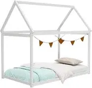 Giantex Lit jumeau Montessori en bois avec toit de maison, lit à plancher bas avec support à lattes en bois robuste, pas besoin de sommier tapissier, lit double pour enfants, adolescents, garçons et