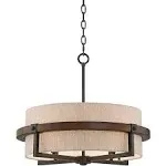 Possini Euro Design Bronze Wood Finish Pendant Chandelier 22" Wide Rustic Farmhouse Tan Fabric Drum 4-Light Fixture for Dining Room House