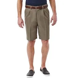 HAGGAR Men&#039;s Cool 18 Khaki Stretch No Iron Pleated Polyester Shorts Size: 42 NWT