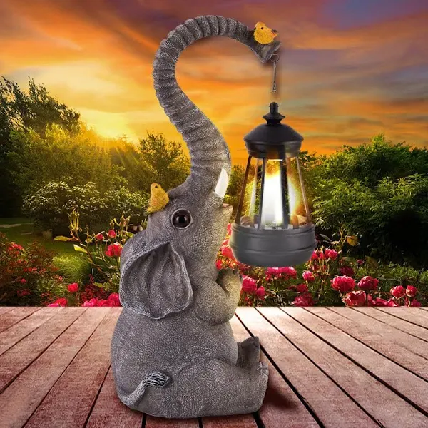 Solar Outdoor Garden Statues Lights Figurines with Cute Birds Garden Elephant