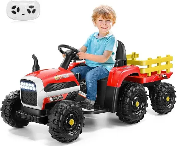 Hikole 12V Electric Tractor with Trailer & Remote Control, Ride on Toy for Boys and Girls with 3-Gear-Shift Ground Loader, Treaded Tires, Bluetooth&USB, LED Lights, Audio, Safety Belt- Red