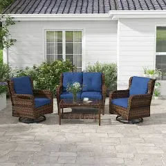 Outsunny 4 Piece PE Rattan Outdoor Patio Furniture Set, Wicker Conversation Set with 2 Swivel Rocking Chairs, 2-Tier Glass Table and Loveseat for Garden, Patio, Poolside, Blue