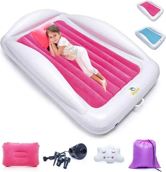  Inflatable Toddler Travel Bed Portable Kids Air Mattress Set w Safety Coral