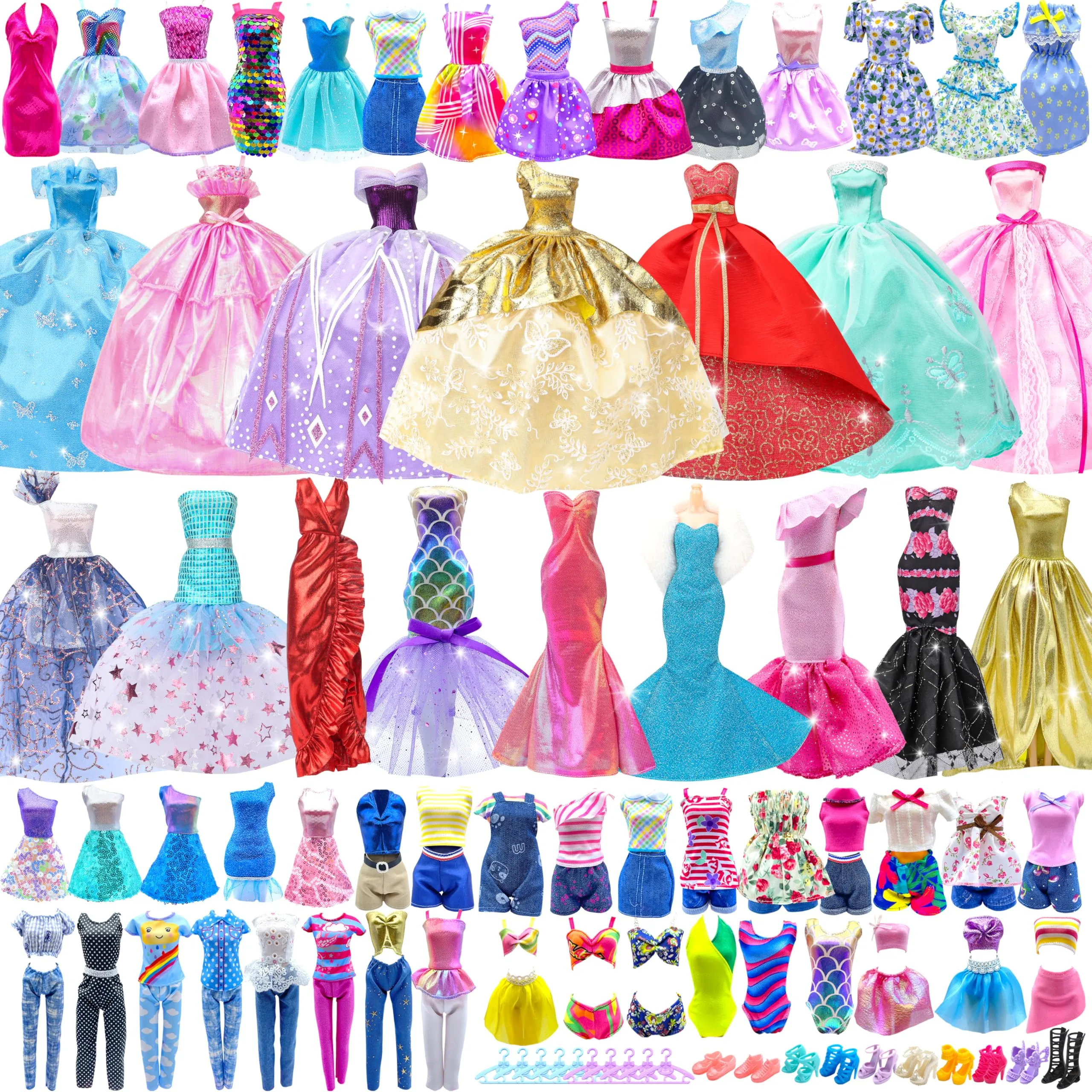 Style Shine 50 Pack Doll Clothes and Accessories, 4 Wedding Gowns 2 Evening Dresses 6 Fashion Dresses 6 Set Casual Outfits Top and Pant 2 Swimsuit