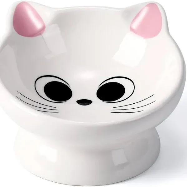 Raised Cat Food Bowl Ceramic 15° Tilted Cat Food Bowls Protect Cat's Spine Anti Vomiting Backflow Prevention Cat Bowls for Adult Cats, Kitten, and Small Dogs, Pink