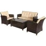 Outsunny 4-Piece Outdoor Patio Rattan Furniture Set with 2 Chairs & Sofa, Beige, Brown