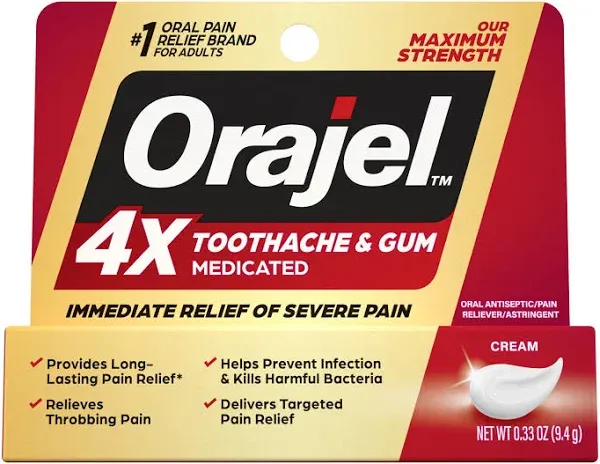 Orajel 4X for Toothache & Gum Pain: Severe Cream Tube 0.33oz- from Oral Pain Relief Brand