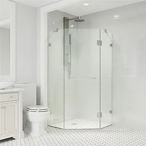 VIGO VG6062CHCL38 36.13" -36.13" W -73.38" H Frameless Hinged Neo-angle Shower Enclosure with Clear 0.38" Tempered Glass and Stainless Steel Hardware in Chrome Finish with Reversible Handle