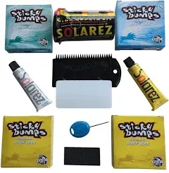 Sticky Bumps Wax plus Solarez UV Cure Resin Ding Repair Kit plus 2 Bars of Tropical Wax, 1 Base Coat, 1 Cool Wax and a Flexcomb to Clean your Board