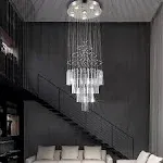 6-Light Flush Mount High Ceiling Chandelier Modern Raindrop Crystal Chandelie...