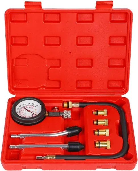 8PCS Compression Tester Kit Professional Petrol Gas Engine Cylinder Pressure Gauge 0-300 PSI Automotive Tool for Motorcycle Car Truck (Red 8pc)