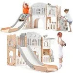 8 in 1 Toddler Slide Indoor Playground, Indoor Slide Toddler Playset for Toddlers 1-3, Kids Outdoor Playground with Slide, Basketball Hoop, Climber, Crawling Tunnel, Telescope, Toy Storage