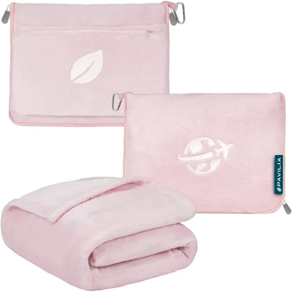 PAVILIA Travel Blanket Pillow in Soft Bag with Pockets, Airplane Blanket Set,