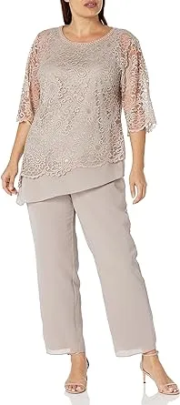 Le Bos Women's Plus Size Stretch Lace Beaded Round Neck Knit 2-Piece Pant Set