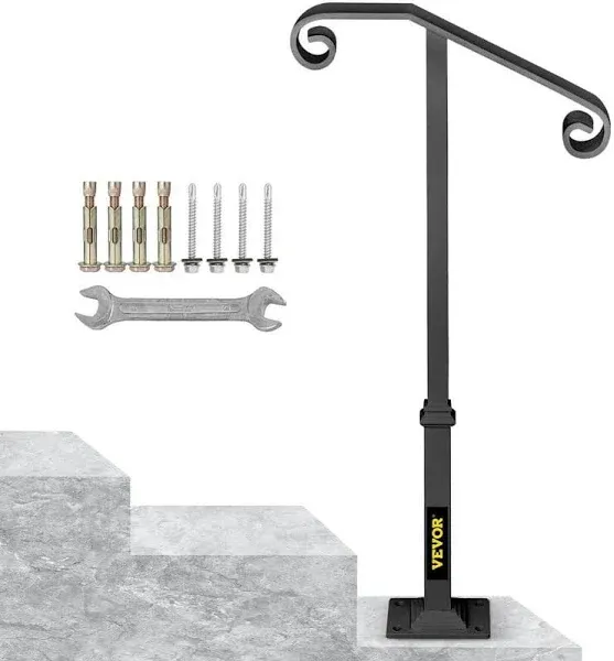 VEVOR Single Post Wrought Iron Handrail Fit 1 or 2 Steps Outdoor Stair Railing Handrails for Outdoor Steps