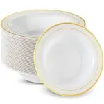 Munfix 50 Gold Plastic Bowls Set, 12oz Disposable Soup Bowls, Fancy Party Bowls, Heavy Duty Cereal Bowls, Elegant Dinner Bowls, White with Gold Rim Dessert Bowls