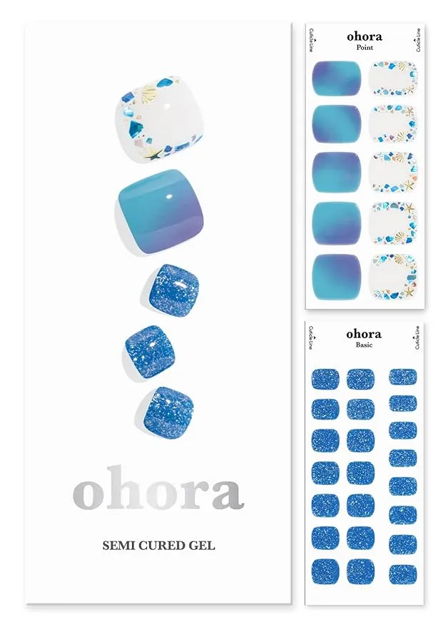 ohora Semi Cured Gel Nail Strips (P Beach Diving) - Blue, Glitter, Works with UV/LED Lamps, Salon-Quality, Long Lasting, Easy to Apply & Remove - Includes 2 Prep Pads, Nail File & Wooden Stick