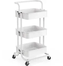  3 Tier Mesh Utility Cart, Rolling Metal Organization Cart with Handle White