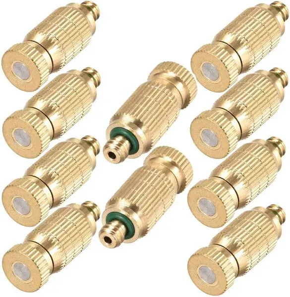 Brass Misting Nozzle, 10 Pack High Pressure Spray Misting Nozzle 10/24 UNC Outdoor Anti-drip Fogging Spray Head Misting System Nozzle for Landscaping Outdoor Cooling System (0.012 Orifice)