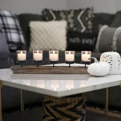 Pier Surplus 27.5 in. Rustic Wood Candle Centerpiece Tray with Five Metal Candle Holders