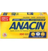 Anacin Fast Pain Relief, Aspirin + Caffeine Pain Reliever, 100 coated tablets