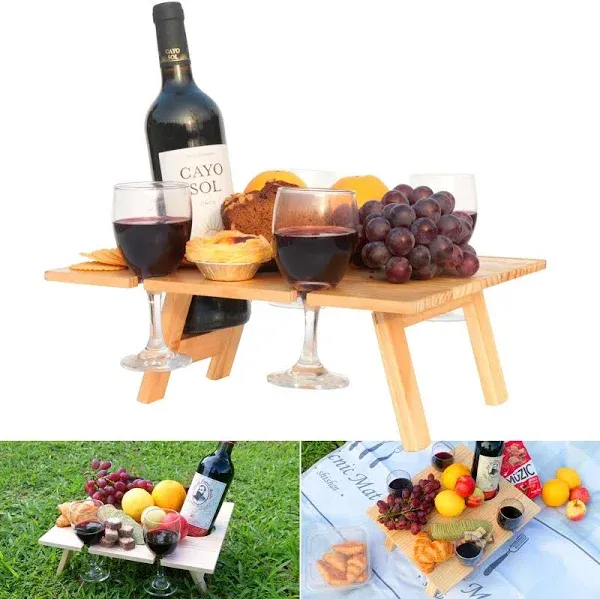 Outdoor Bamboo Wine Picnic Table with 4 Wine Glass Holder