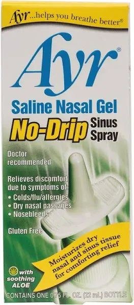 Ayr Saline Nasal Gel No-Drip Sinus Spray with Soothing Aloe Vera, 0.75 Fl Oz Spr