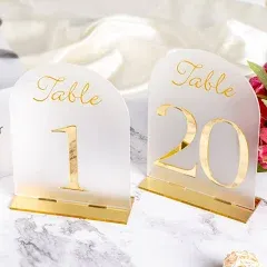 RoyalDecor's Frosted Arched Acrylic Table Numbers 1-20 with Gold Mirror Number and Stands - Perfect Wedding Table Decorations Accessories - Small Number Stand Centerpieces for Reception Tables - 5x7