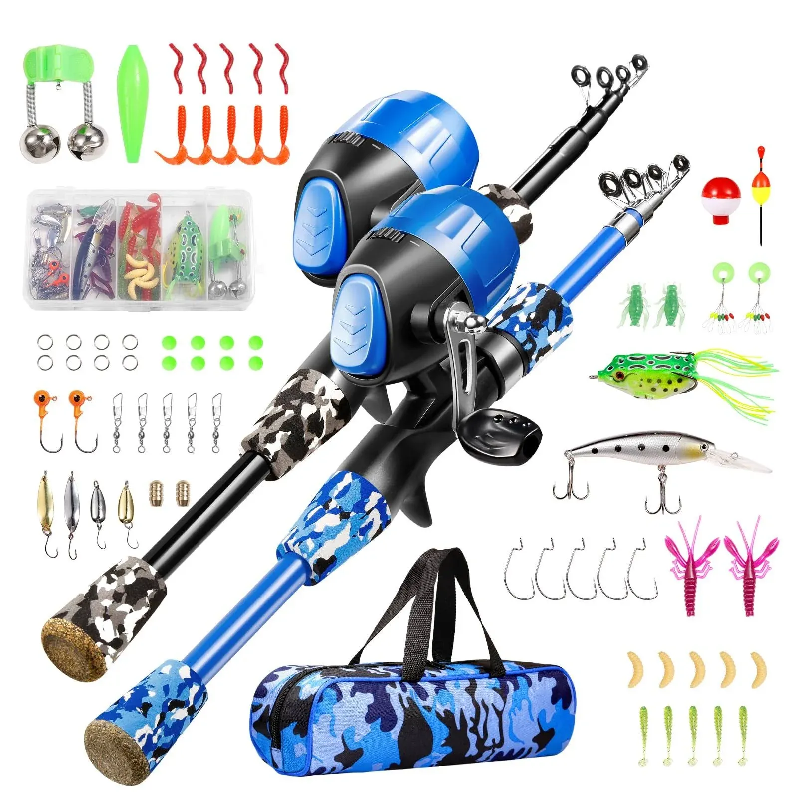 Gamashino Kids Fishing Pole - Telescopic Fishing Rod and Reel Combo Kit - Fishing Gear, Fishing Lures, Carry On Bag, 70 Set Fully Fishing Equipment