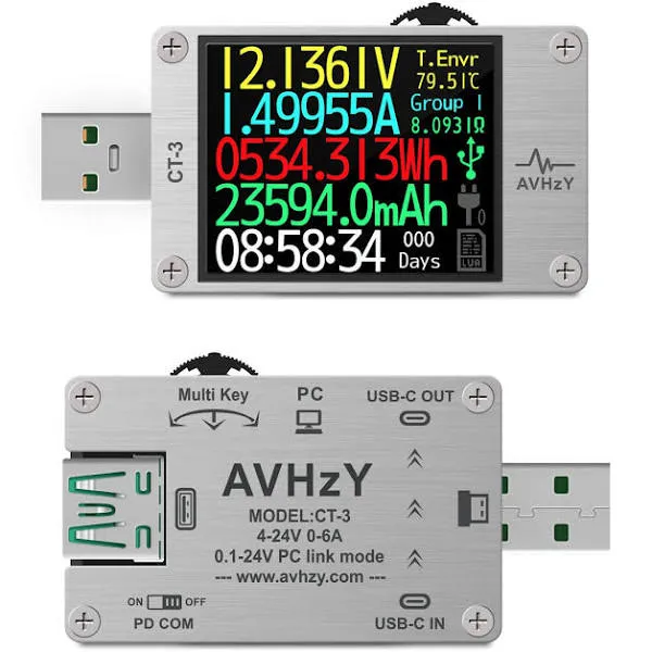 AVHzY USB Power Meter USB 3.1 Tester Digital Multimeter Current Tester Voltage Detector Lua Interpreter Integrated DC 26V 6A PD 2.0/3.0 QC 2.0/3.0/4.0