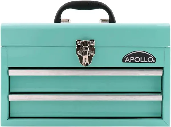 Apollo Tools 14 Inch Steel Tool Box with Deep Top Compartment and 2 Drawers in Heavy-Duty Steel With Ball Bearing Opening and Powder Coated Finish - Aqua Green - DT5010-GR