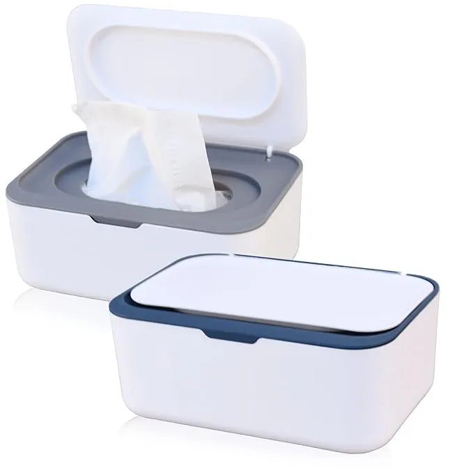 2 Pack Baby Wipes Dispenser Wipe Holder with Lids Refillable blue and grey 