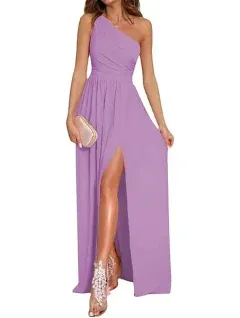 LYANER Women's One Shoulder High Split Sleeveless Ruched Sexy Cocktail Maxi Long Dress