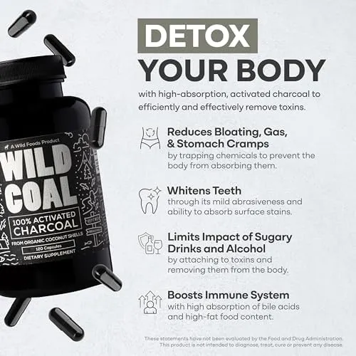 Wild Foods Activated Charcoal Capsules - Detox & Bloating Relief, Lab Tested, Non-GMO - 120 Count