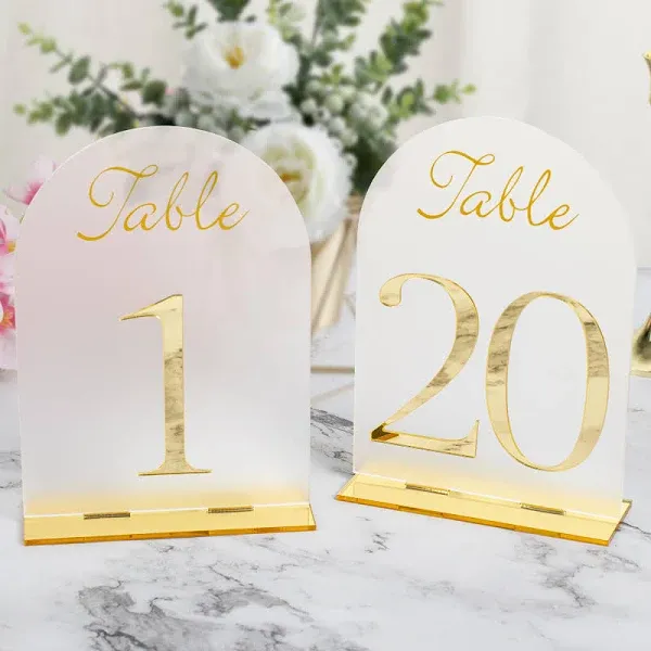 RoyalDecor's Frosted Arched Acrylic Table Numbers 1-20 with Gold Mirror Number and Stands - Perfect Wedding Table Decorations Accessories - Small Number Stand Centerpieces for Reception Tables - 5x7