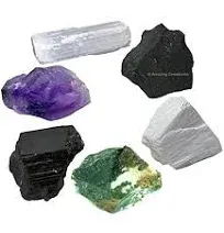 Crystals for House Protection Manifestation, Set of 6 Amethyst, Scolecite, Shungite, Black Tourmaline, Selenite and Moss Agate Healing Crystals and Stones