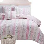 Cozy Line Home Fashions Pink Flower Lace Ruffle Stripe Shabby Chic Girl 100% Cotton Reversible Quilt Bedding Set, Coverlet, Beds