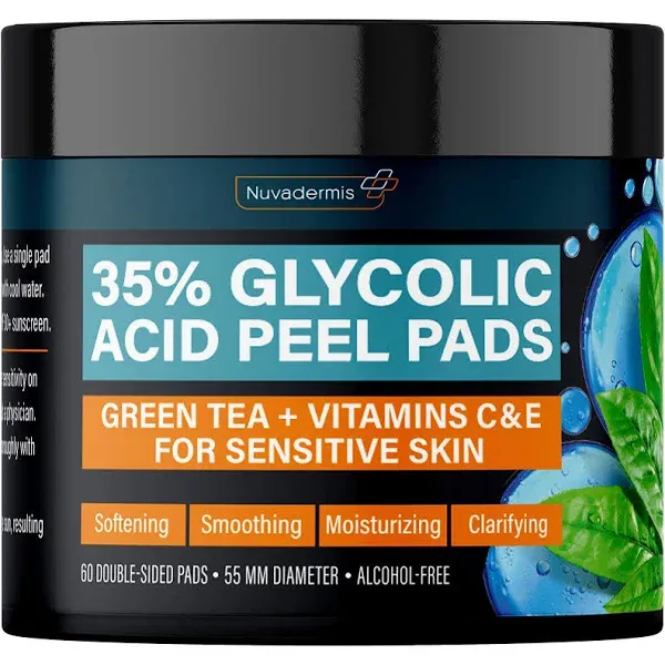 NUVADERMIS 35% Glycolic Acid Peel Pads – Exfoliating Facial Resurfacing for Blackheads, Dark Spots, and Acne – Safe for Sensitive Skin – 60 Double-Sided Pads