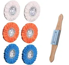 Airway Buffing Wheel Kit 7 PCs kit (2 pcs White & 2 pcs Orange & 2 pcs Blue & 1 Buffing rake) 8" in Diameter 5/8" in Arbor Hole 16 Ply for Angle Grinder 7 Pcs