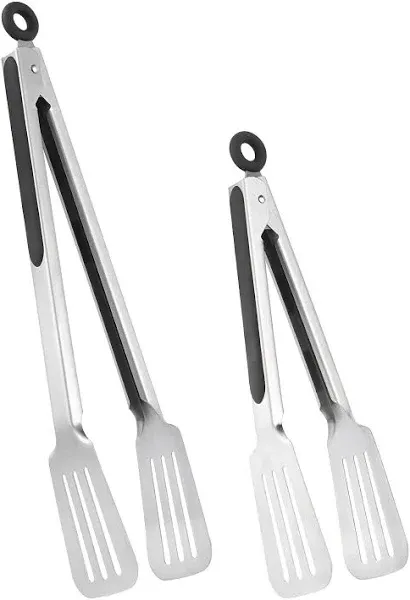 Metal Tongs for Cooking, Set of 2 Stainless Steel Spatula Tongs for Grilling, Cooking and Flipping, Strong Grip for Ribs, Steak and Fish, Comfortable Grip, Easy Pull Lock, 9 inch & 12 inch